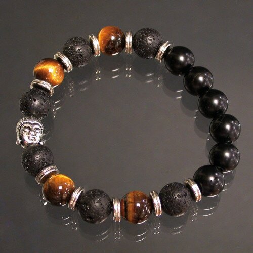BRACELET HOMME 22CM OEIL TIGRE/LAVE/ONYX DEPOLI BOUDDHA 10MM